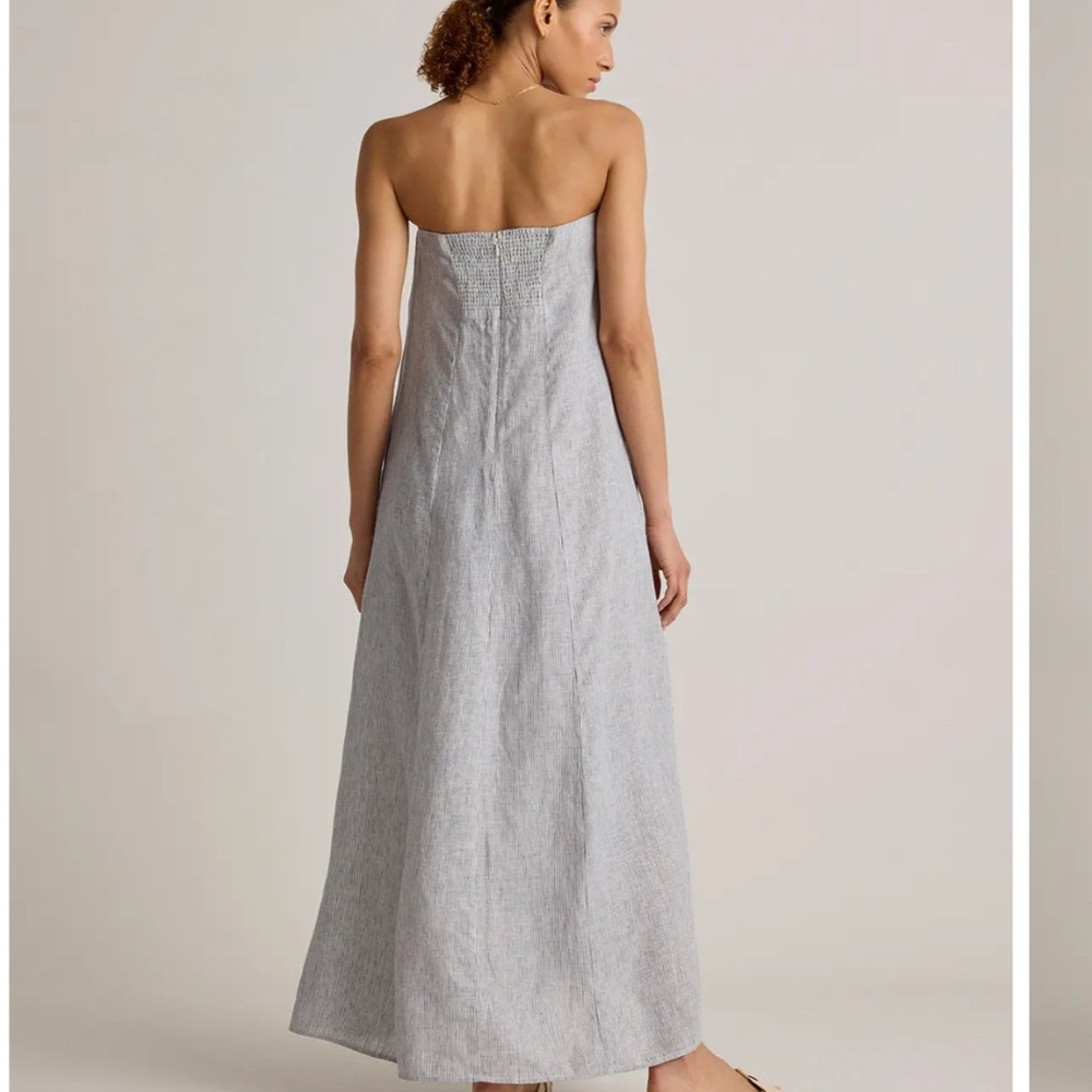 Quince Pinstripe Strapless Linen Maxi Dress